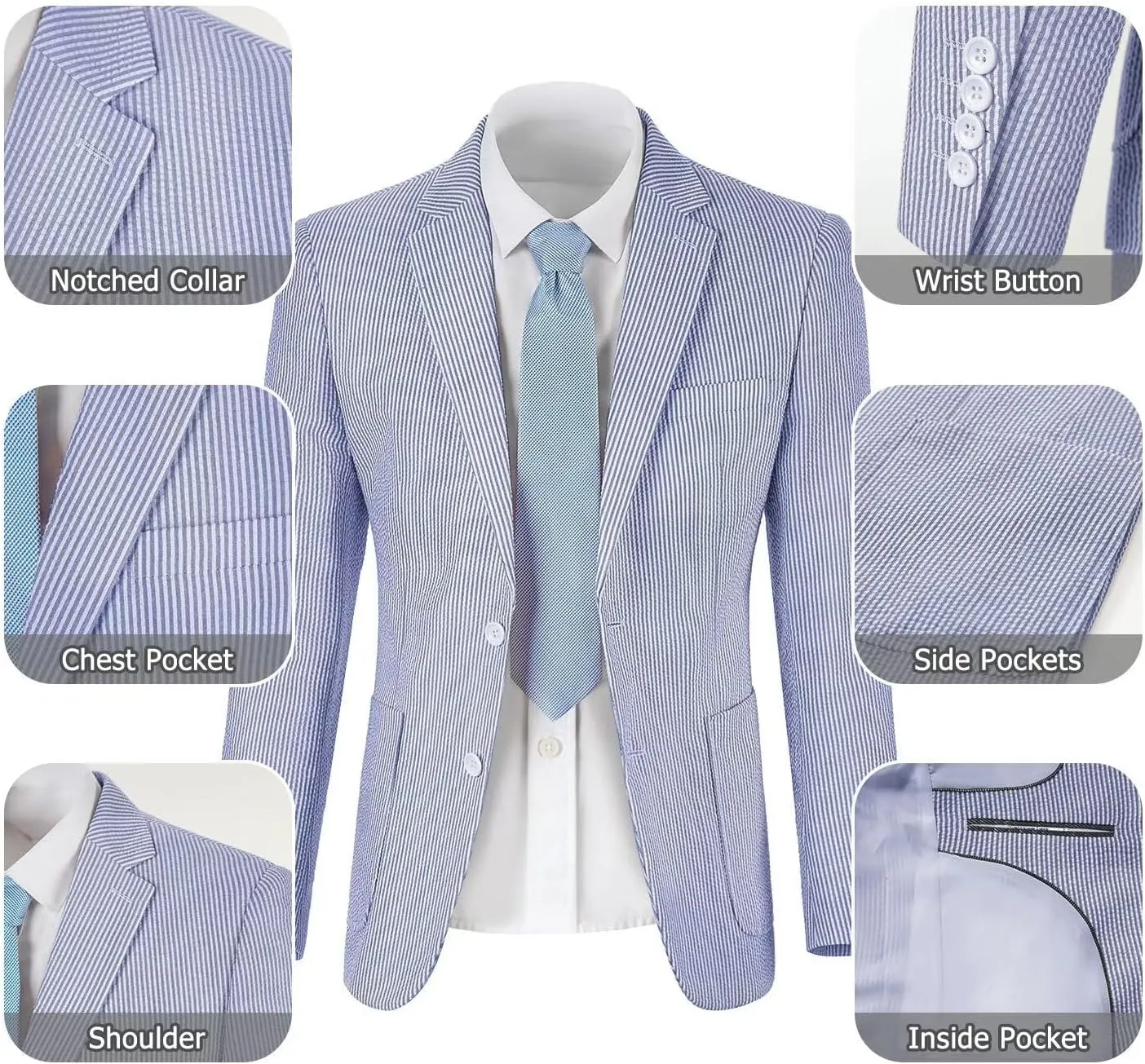 Seersucker Slim Suits for Men Formal Casul Summer Beach Wedding Grooms 2 Piece Blazer Pants Party Striped Suit Sets