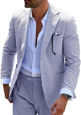 Seersucker Slim Suits for Men Formal Casul Summer Beach Wedding Grooms 2 Piece Blazer Pants Party Striped Suit Sets