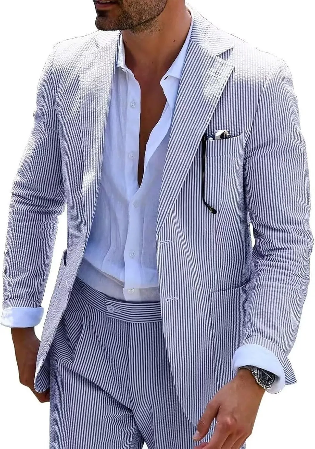 Seersucker Slim Suits for Men Formal Casul Summer Beach Wedding Grooms 2 Piece Blazer Pants Party Striped Suit Sets