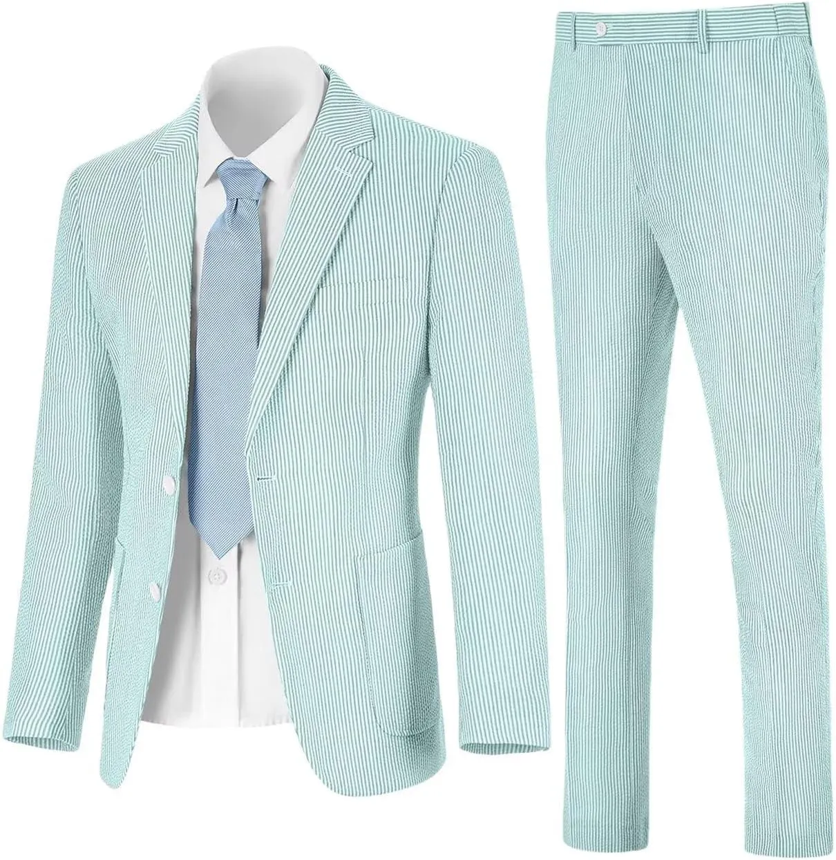 Seersucker Slim Suits for Men Formal Casul Summer Beach Wedding Grooms 2 Piece Blazer Pants Party Striped Suit Sets