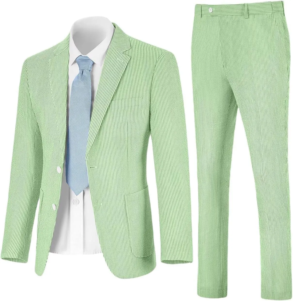 Seersucker Slim Suits for Men Formal Casul Summer Beach Wedding Grooms 2 Piece Blazer Pants Party Striped Suit Sets