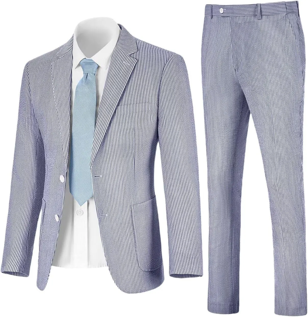 Seersucker Slim Suits for Men Formal Casul Summer Beach Wedding Grooms 2 Piece Blazer Pants Party Striped Suit Sets