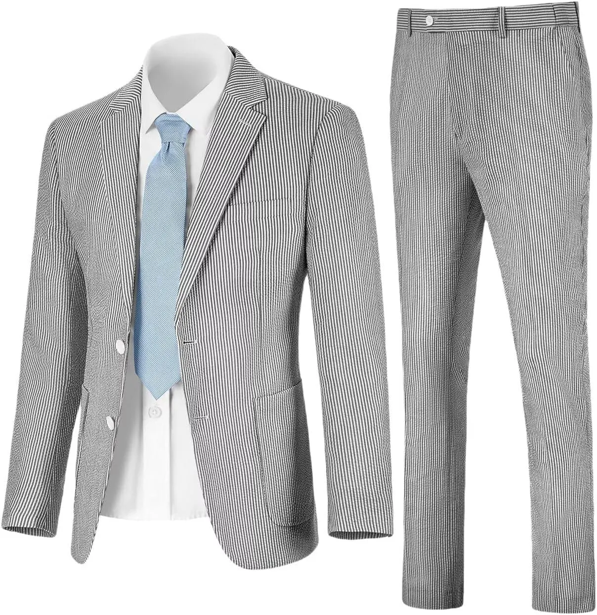 Seersucker Slim Suits for Men Formal Casul Summer Beach Wedding Grooms 2 Piece Blazer Pants Party Striped Suit Sets