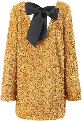 Sequin Dress for Women Long Sleeve Sparkly Dresses Back Petersham Ribbon Bow Party Night Out Club Festival Mini Dress