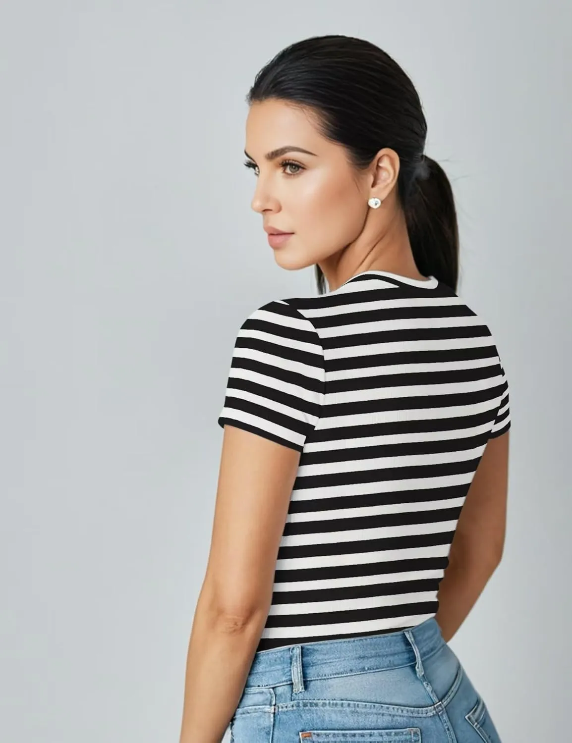 Striped Shirt Women Short Sleeve, Crewneck T-Shirts for Woman Stripes, Fitted Ribbed Tee Stretchy