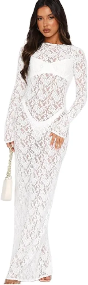 Suillty Women's Elegant Floral Lace Long Sleeve Maxi Dress MeshSee Through Bodycon Y2K Party Club Outfit