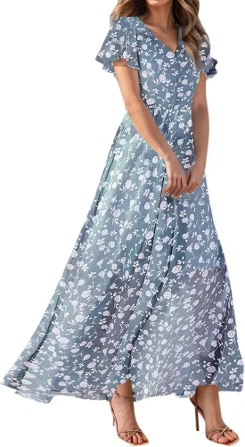 Summer Dresses for Women 2025 Swing Flowy Ruffle Hem Swing Maxi Dress Ruffle Short Sleeve