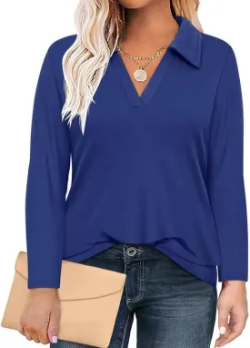 TIYOMI Plus Size Womens Polo Shirts Long Sleeve Collared Tops Business Casual V Neck Loose Fit T Shirt Work Blouse 1X-5X