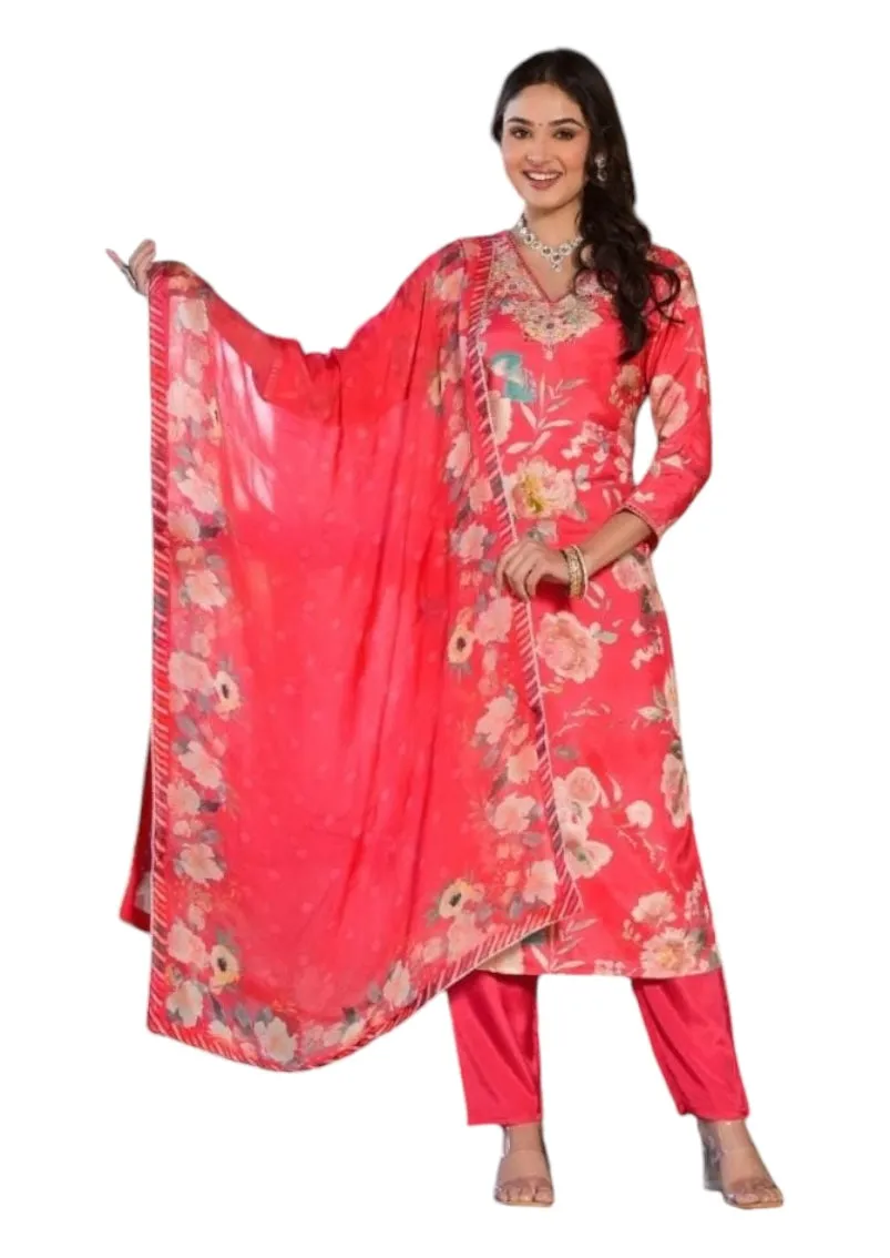 Tomato red printed straight suit set