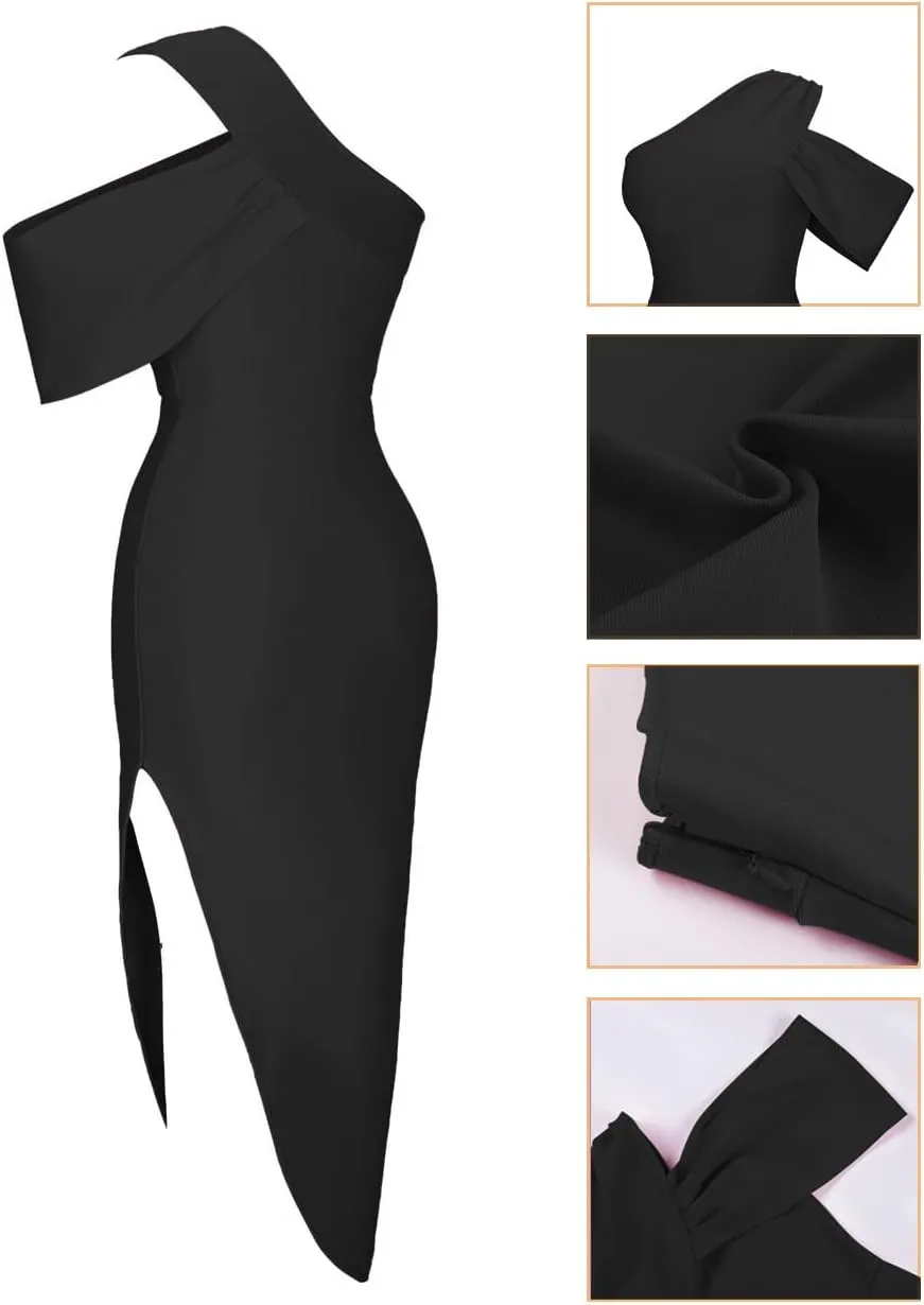 UONBOX Women's One Shoulder Side Split Asymmetrical Bodycon Sleeveless Midi Party Cocktail Bandage Dress