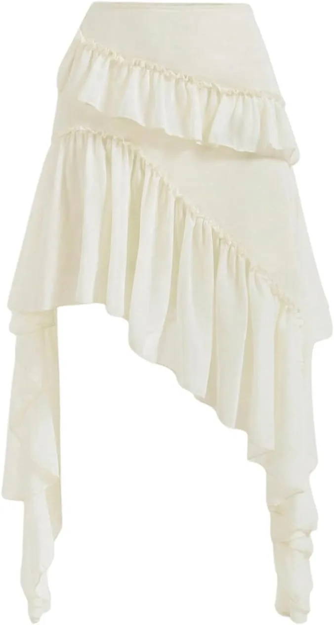 Verdusa Women's Asymmetrical Ruffle Trim High Waist High Low Midi Skirt