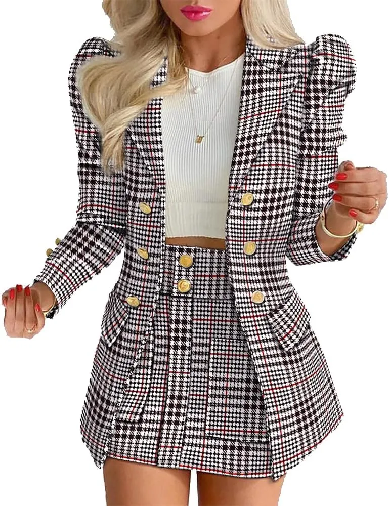 Women High Waist Blazer & Skirt 2 Piece Set Outfit Office Business Work Wear Attire Casual Suit