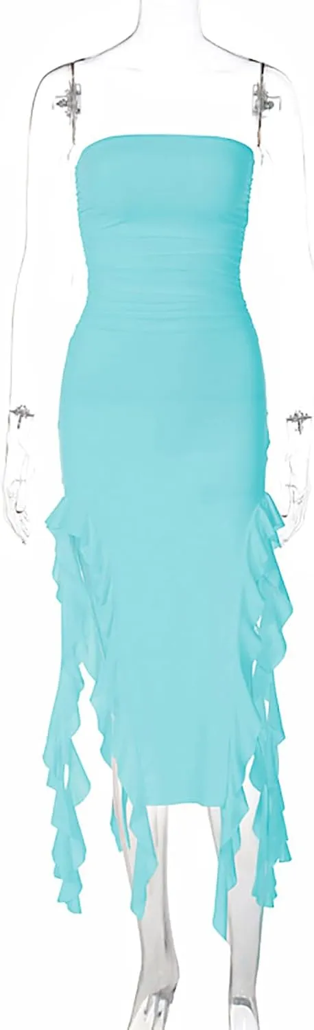 Women Summer Elegant Strapless Tube Midi Bodycon Dresses Irregular Ruffle Tassel Party Dress