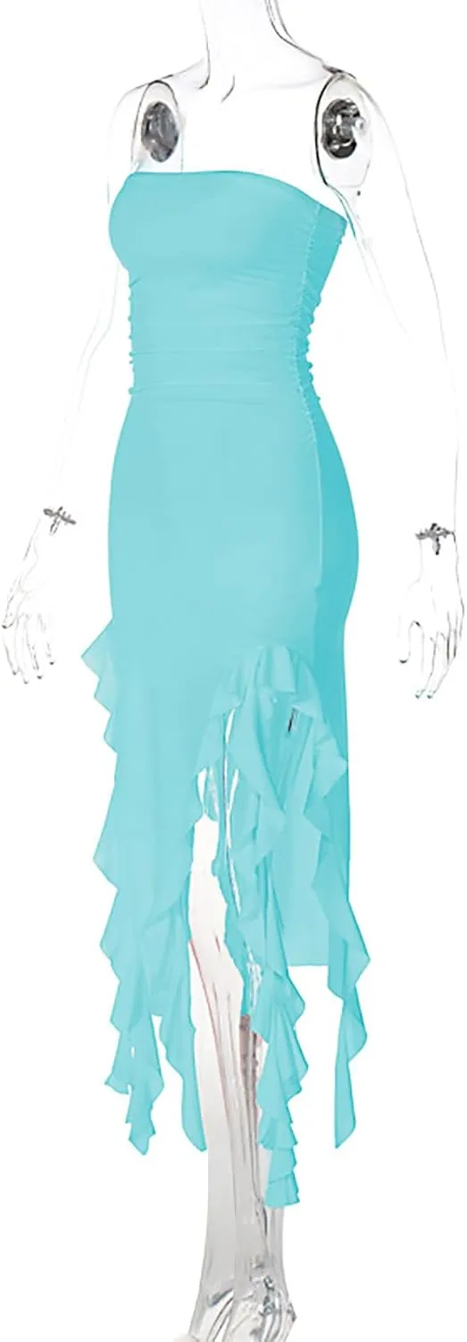 Women Summer Elegant Strapless Tube Midi Bodycon Dresses Irregular Ruffle Tassel Party Dress