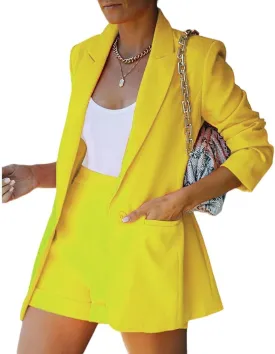 Womens 2 Piece Blazer Suits Long Sleeve Open Front Blazer Wide Leg Solid Shorts Sets Jackets Business Outfits Pockets