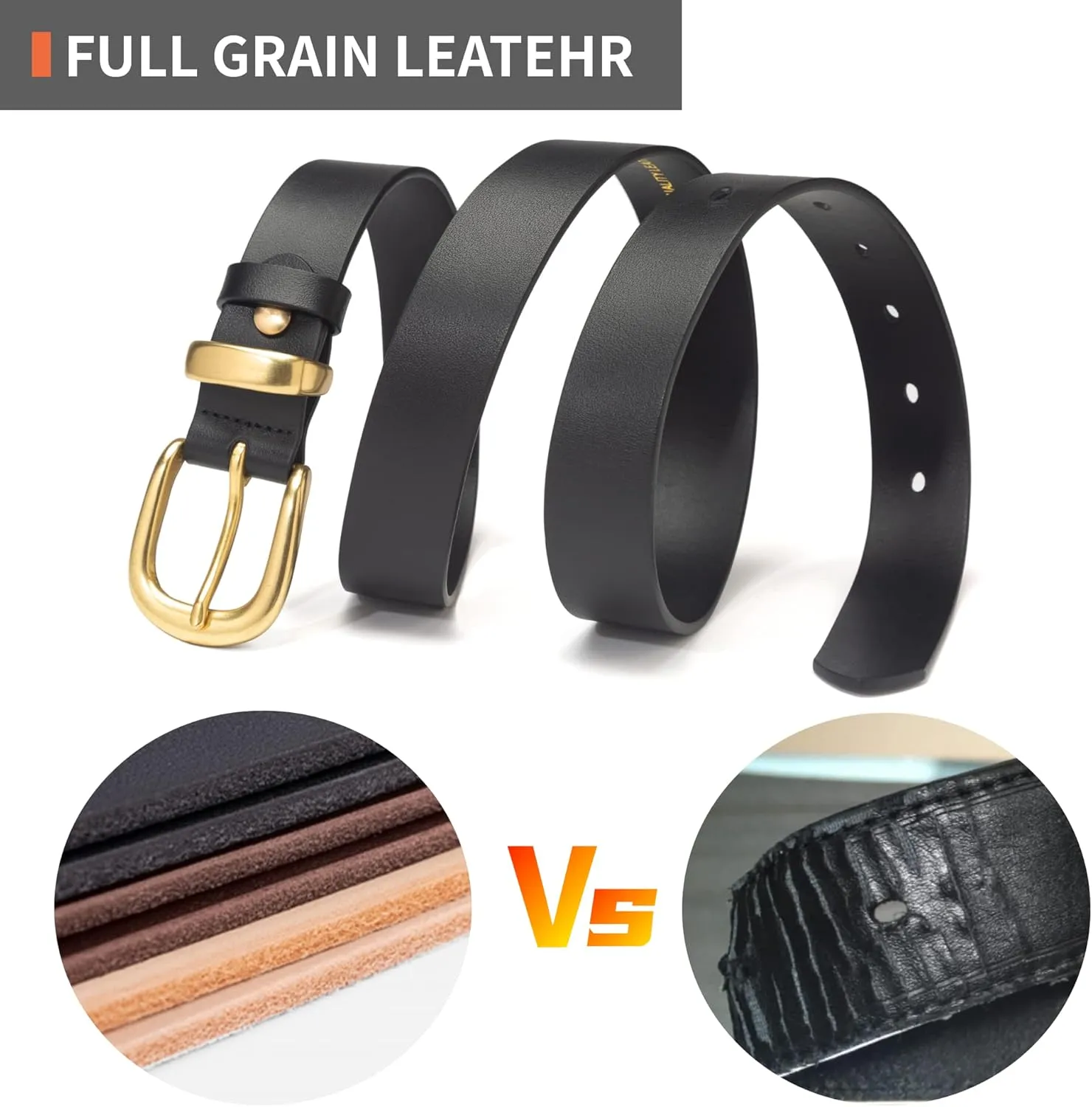 Womens Belts for Jeans 1.1" Width Ladies Belts for Dresses Full Grain Leather Gold Buckle Belt Gift Box