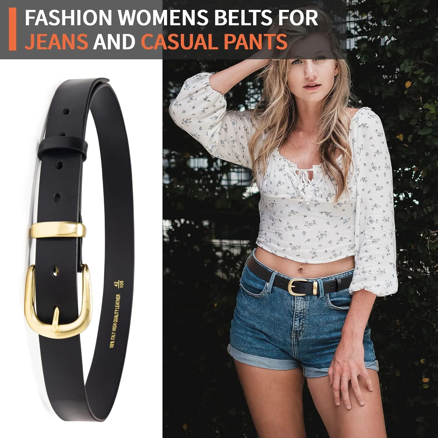Womens Belts for Jeans 1.1" Width Ladies Belts for Dresses Full Grain Leather Gold Buckle Belt Gift Box