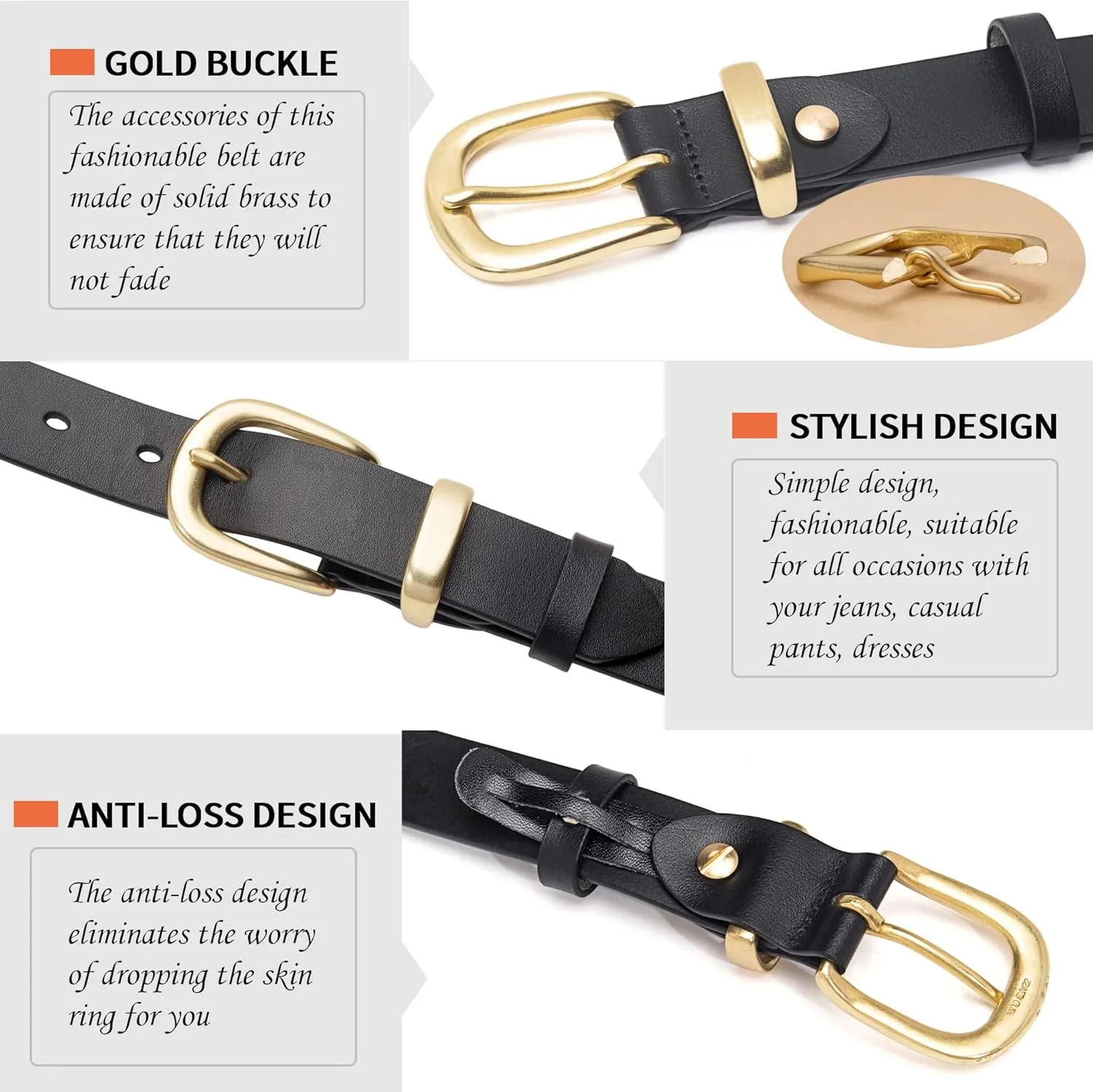Womens Belts for Jeans 1.1" Width Ladies Belts for Dresses Full Grain Leather Gold Buckle Belt Gift Box