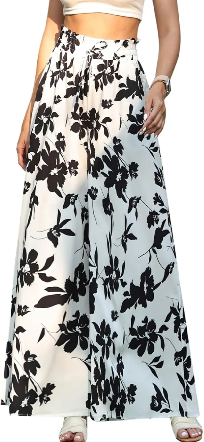 Womens Casual Wide Leg Pants Ruffle Elastic Drawstring Beach Palazzo Loose Pants Comfy Trousers with Pockets