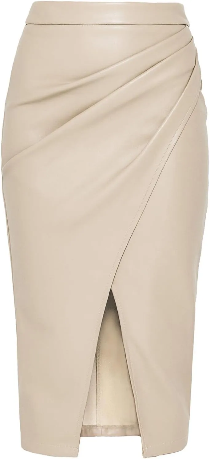 Women's Faux Leather Skirts Front Slit Ruched Tummy Control High Waist Bodycon Midi Pencil Skirt