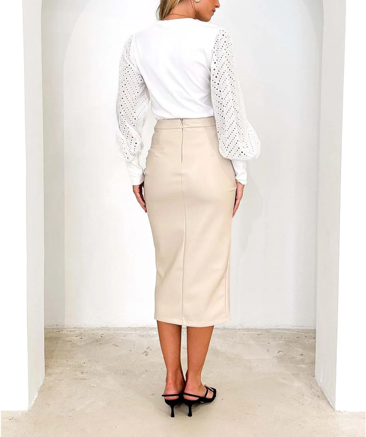 Women's Faux Leather Skirts Front Slit Ruched Tummy Control High Waist Bodycon Midi Pencil Skirt