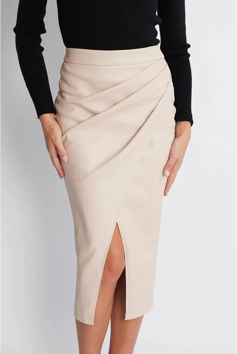 Women's Faux Leather Skirts Front Slit Ruched Tummy Control High Waist Bodycon Midi Pencil Skirt
