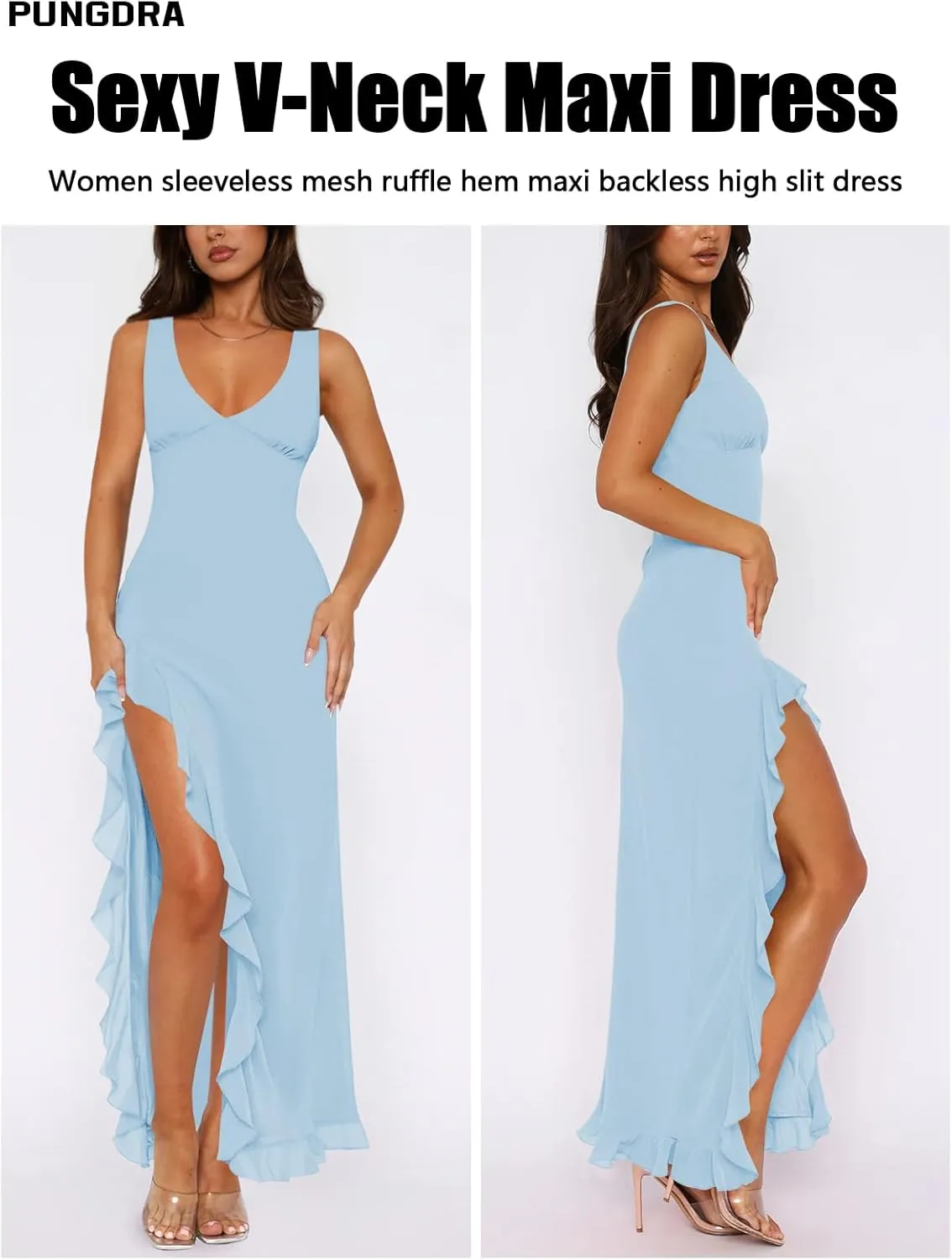 Women's Sexy V Neck Mesh Ruffles Hem High Slit Bodycon Maxi Dress for Women Formal Cocktail Wedding Guest Dresses