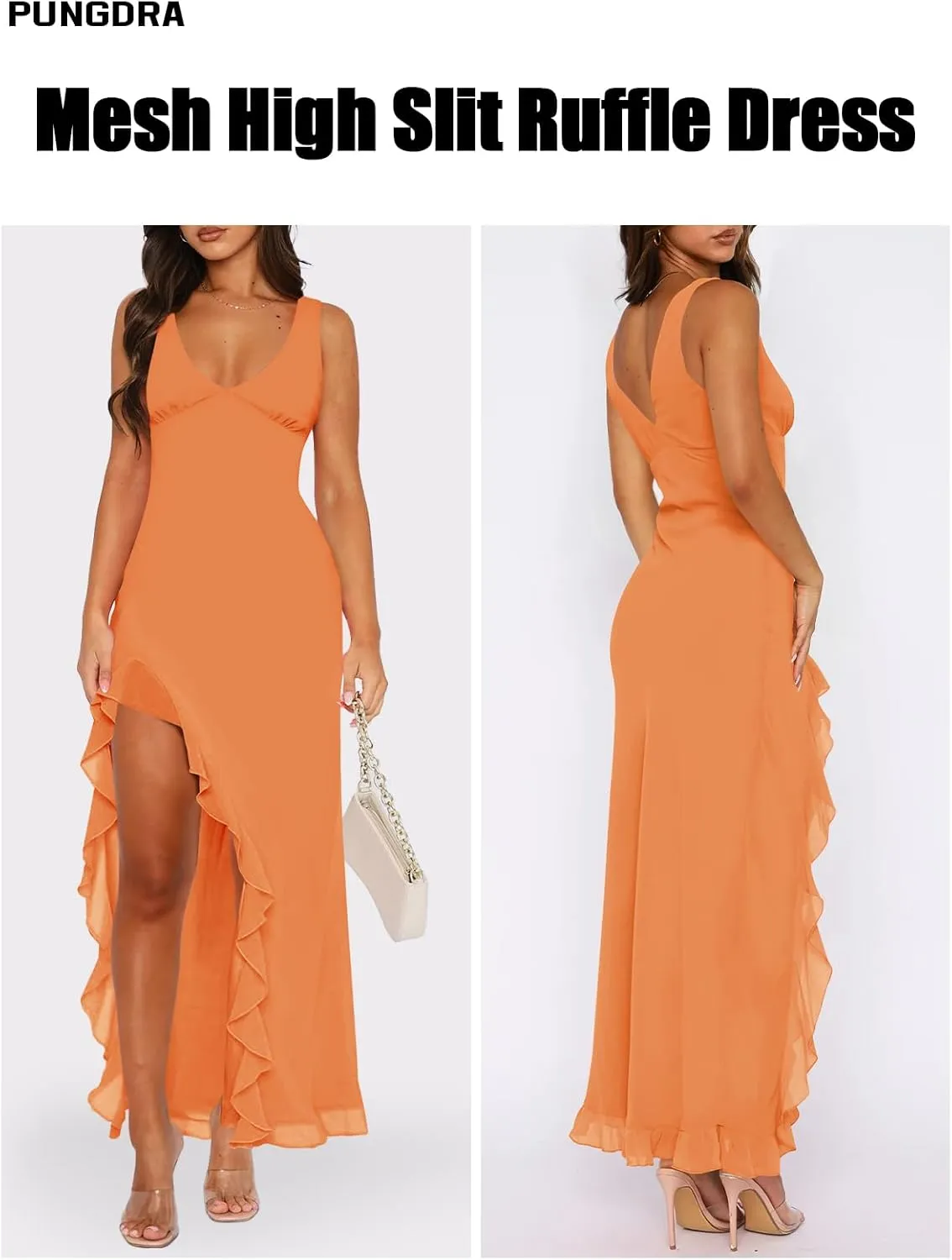 Women's Sexy V Neck Mesh Ruffles Hem High Slit Bodycon Maxi Dress for Women Formal Cocktail Wedding Guest Dresses