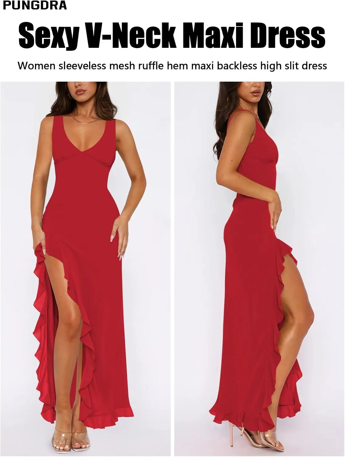 Women's Sexy V Neck Mesh Ruffles Hem High Slit Bodycon Maxi Dress for Women Formal Cocktail Wedding Guest Dresses