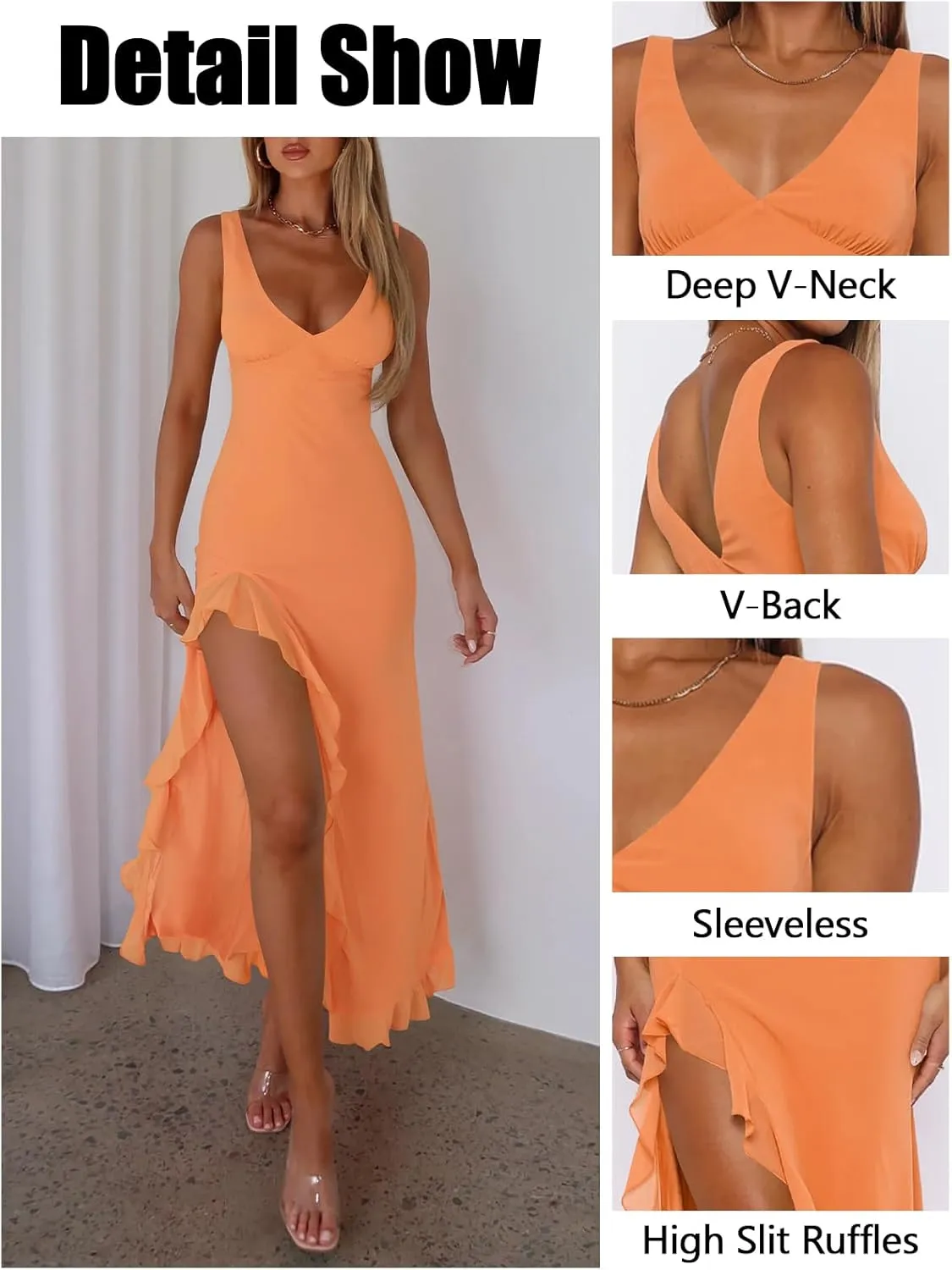Women's Sexy V Neck Mesh Ruffles Hem High Slit Bodycon Maxi Dress for Women Formal Cocktail Wedding Guest Dresses