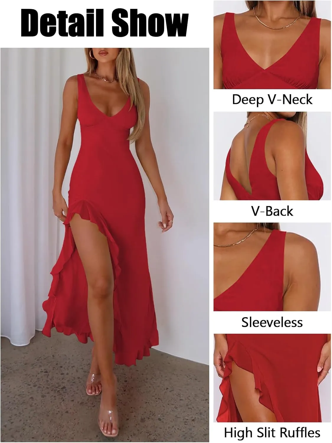 Women's Sexy V Neck Mesh Ruffles Hem High Slit Bodycon Maxi Dress for Women Formal Cocktail Wedding Guest Dresses