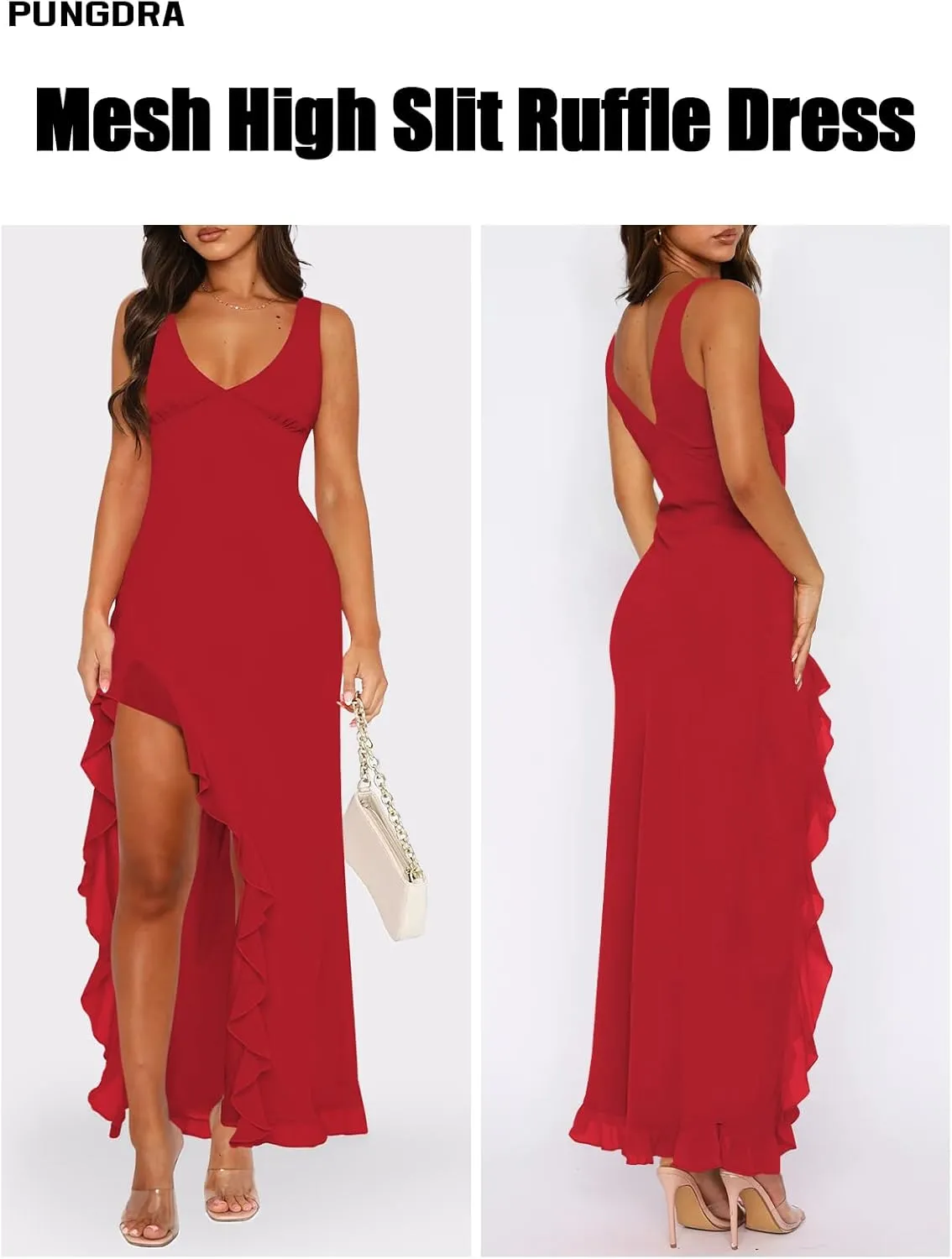 Women's Sexy V Neck Mesh Ruffles Hem High Slit Bodycon Maxi Dress for Women Formal Cocktail Wedding Guest Dresses