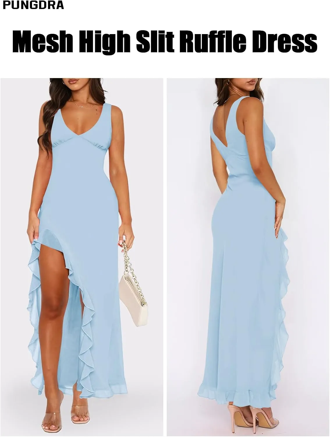 Women's Sexy V Neck Mesh Ruffles Hem High Slit Bodycon Maxi Dress for Women Formal Cocktail Wedding Guest Dresses