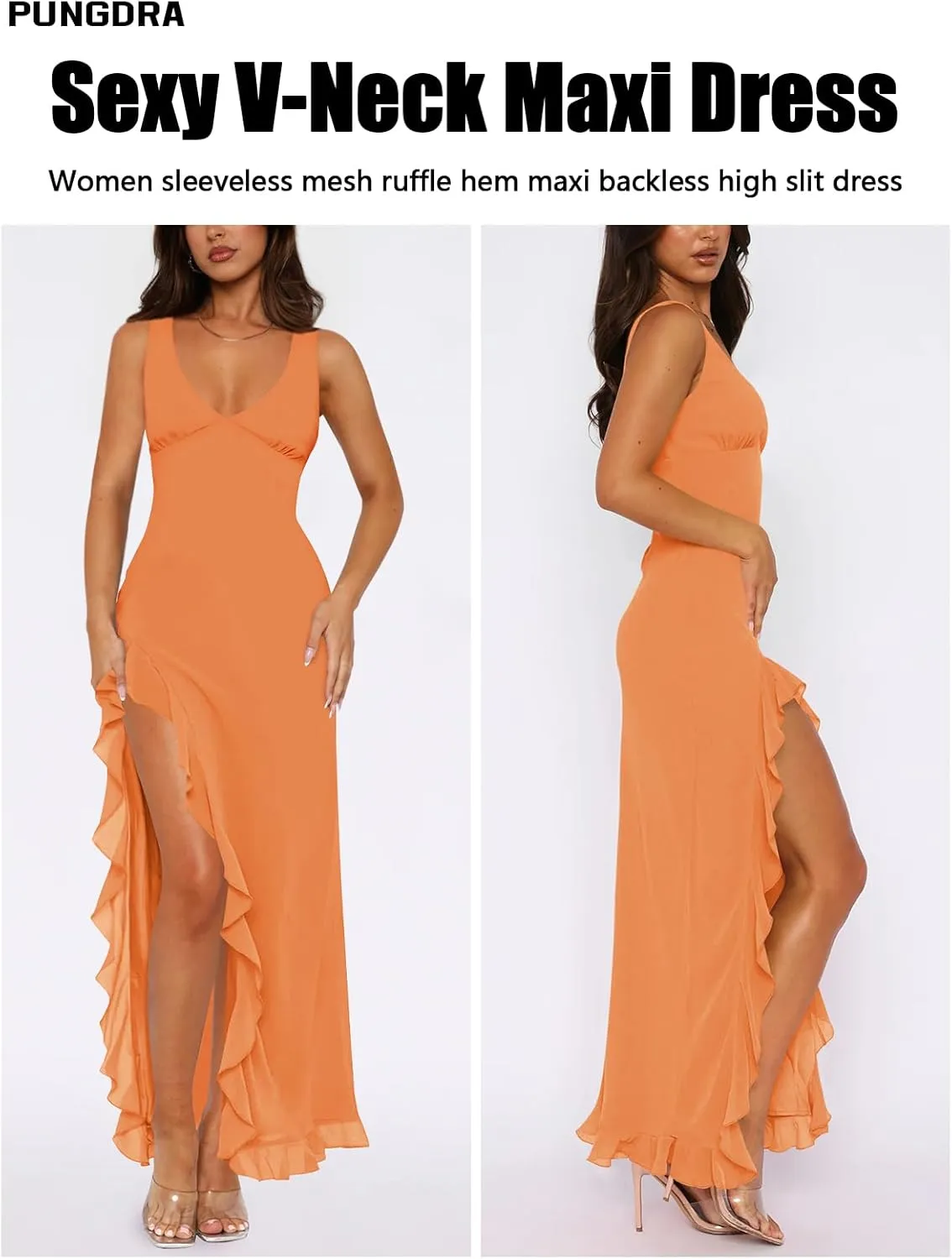 Women's Sexy V Neck Mesh Ruffles Hem High Slit Bodycon Maxi Dress for Women Formal Cocktail Wedding Guest Dresses