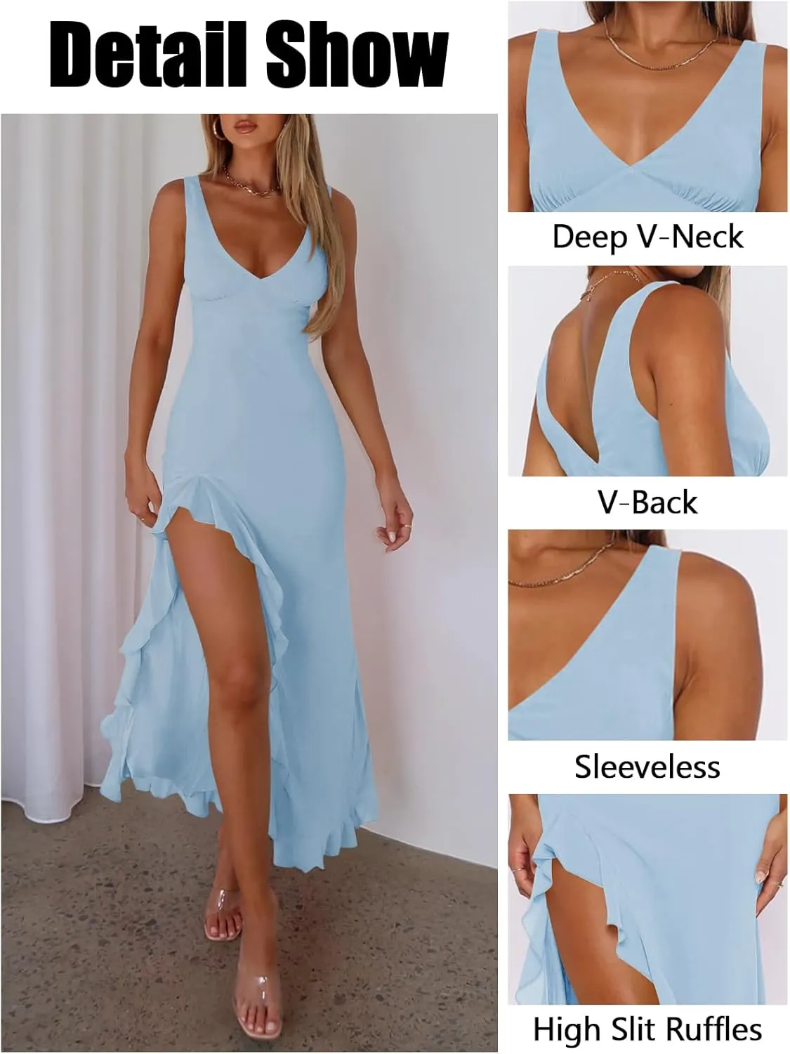 Women's Sexy V Neck Mesh Ruffles Hem High Slit Bodycon Maxi Dress for Women Formal Cocktail Wedding Guest Dresses
