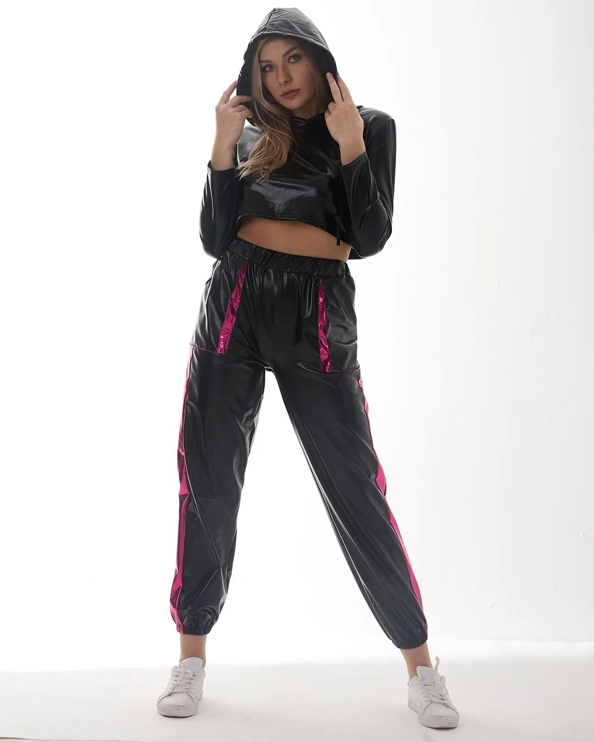 Women's Shinny Metallic Colorblock Holographic High Waist Baggy Hippie Jogger Sweat-Pants
