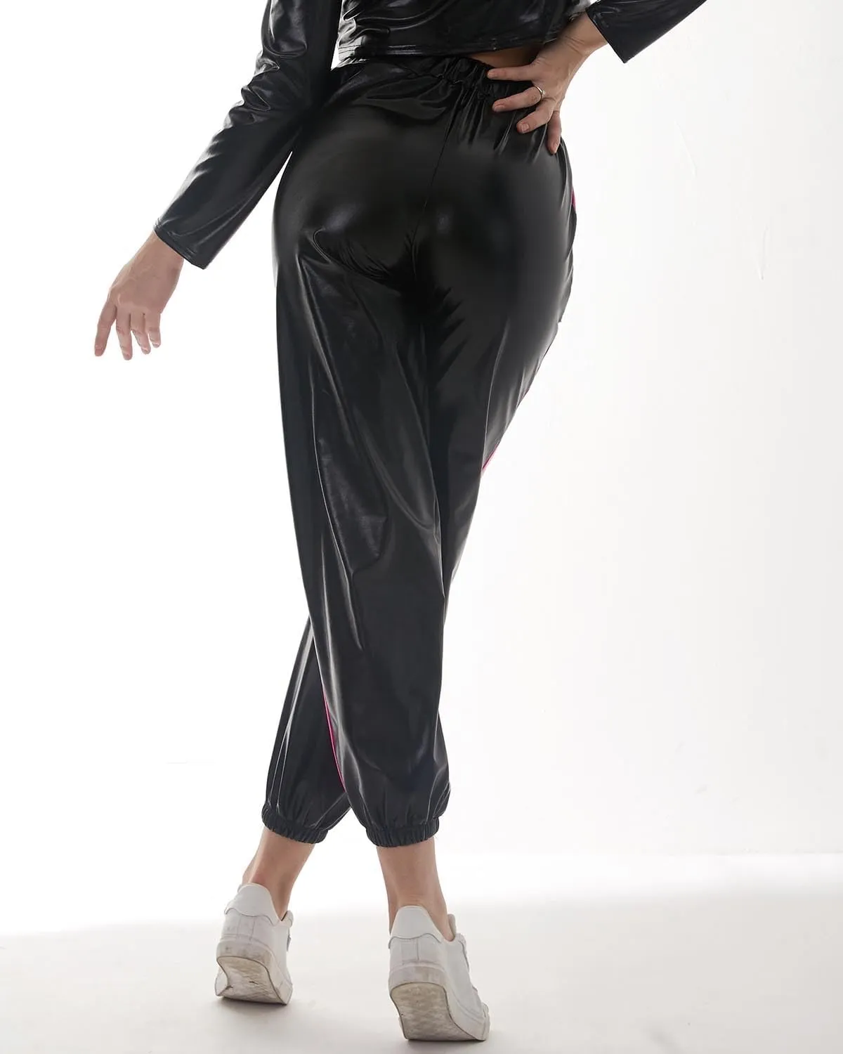 Women's Shinny Metallic Colorblock Holographic High Waist Baggy Hippie Jogger Sweat-Pants