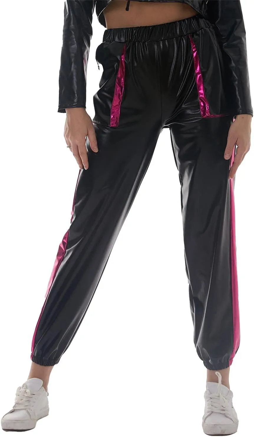 Women's Shinny Metallic Colorblock Holographic High Waist Baggy Hippie Jogger Sweat-Pants