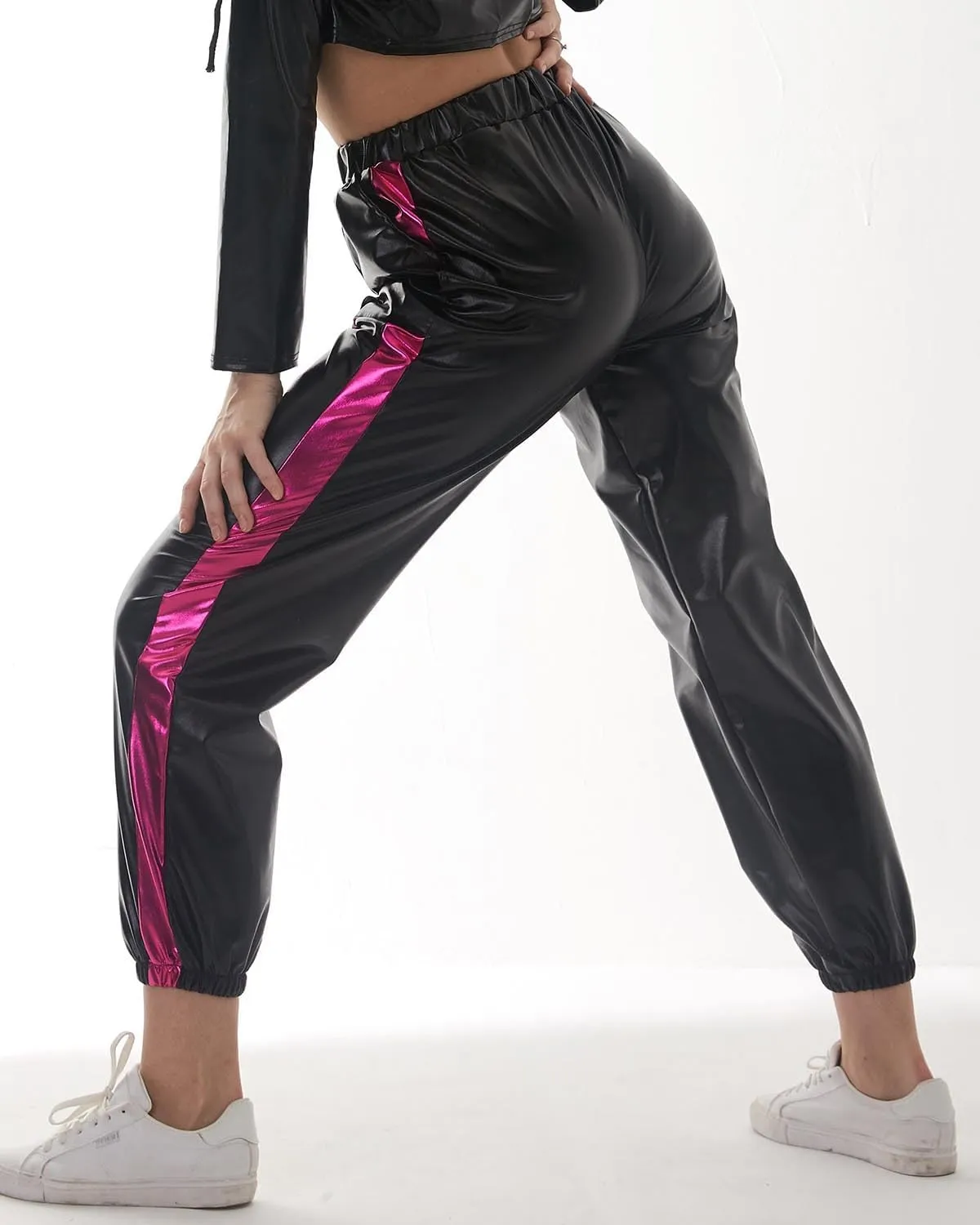 Women's Shinny Metallic Colorblock Holographic High Waist Baggy Hippie Jogger Sweat-Pants
