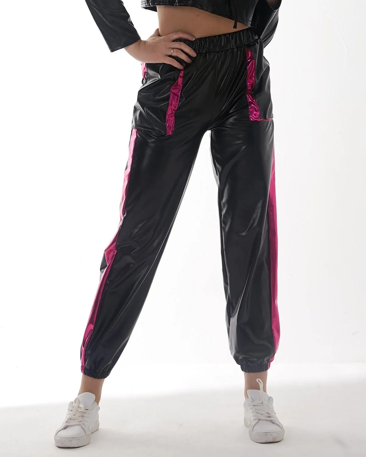 Women's Shinny Metallic Colorblock Holographic High Waist Baggy Hippie Jogger Sweat-Pants
