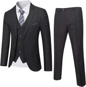 YND Men's Slim Fit 2 Button 3 Piece Suit Set, Solid Blazer Jacket Vest Pants & Tie