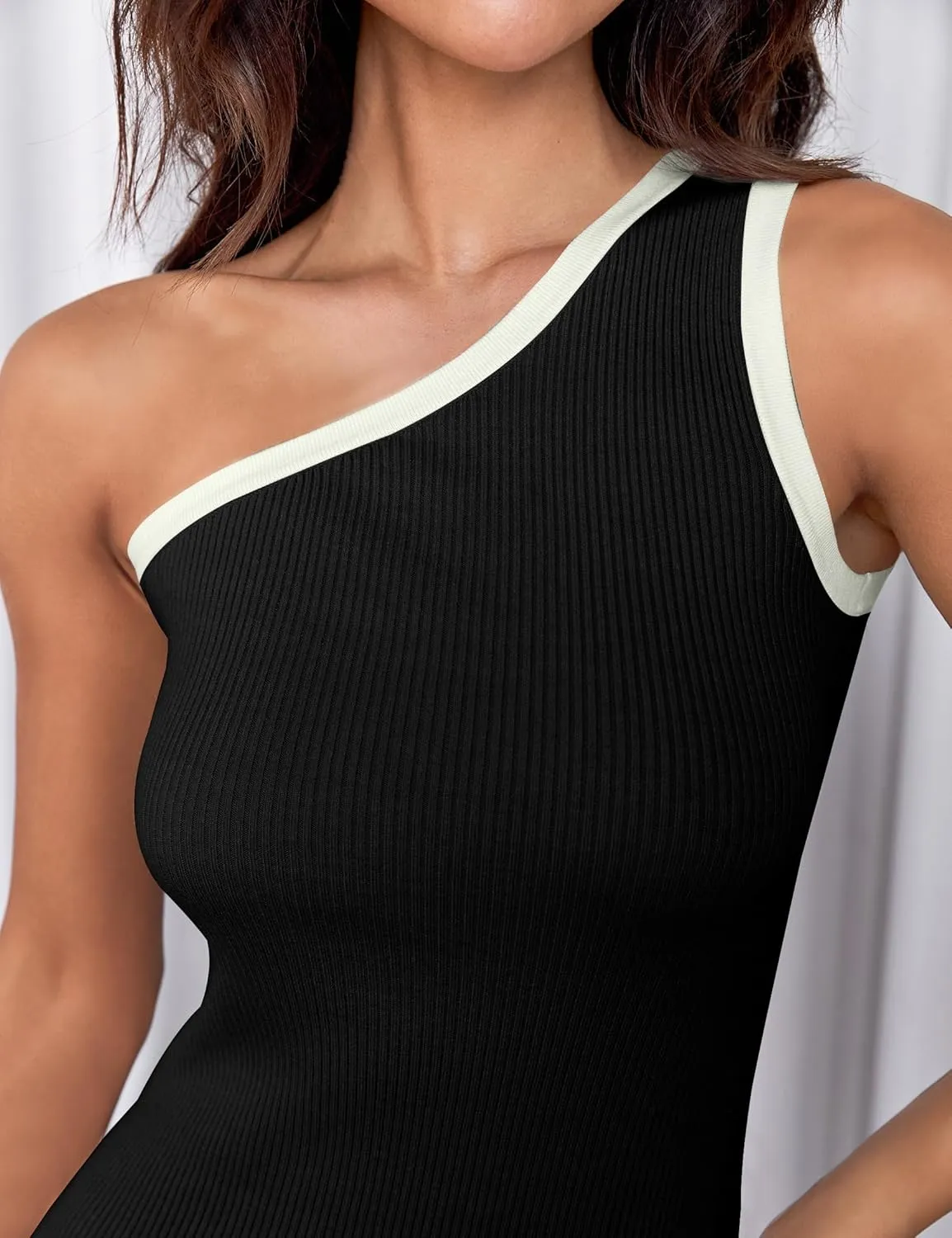 ZESICA Women's 2025 Summer One Shoulder Bodycon Midi Dresses Casual Sleeveless Ribbed Knit Side Slit Sweater Dress