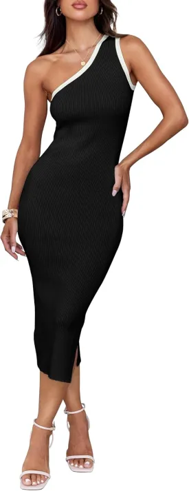 ZESICA Women's 2025 Summer One Shoulder Bodycon Midi Dresses Casual Sleeveless Ribbed Knit Side Slit Sweater Dress
